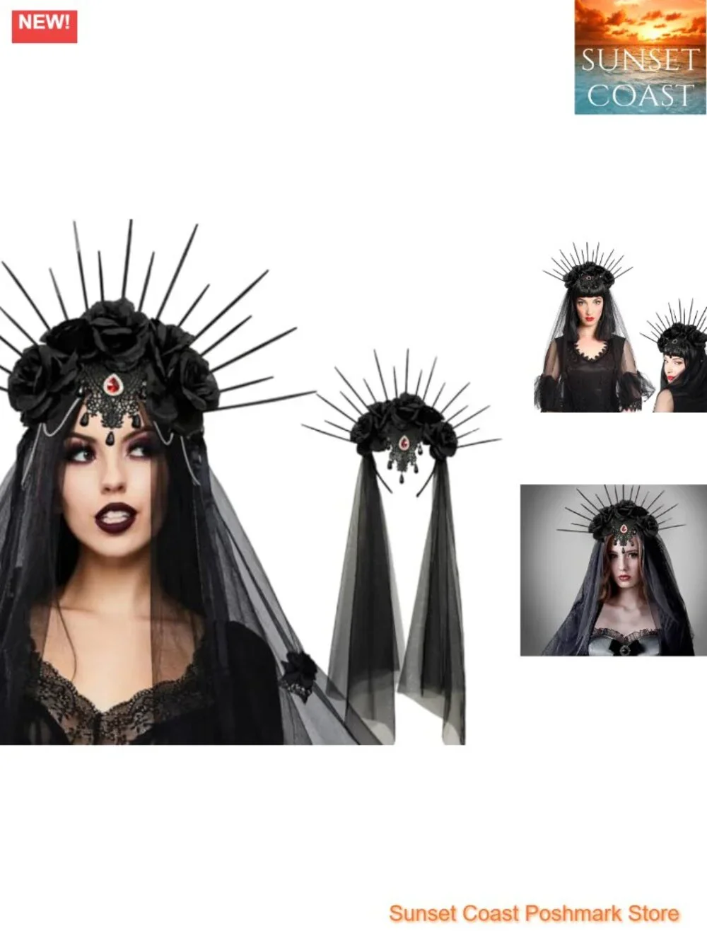 Gothic Halo Crown Headband with Black Veil, Spiked Sunburst, Rhinestone
